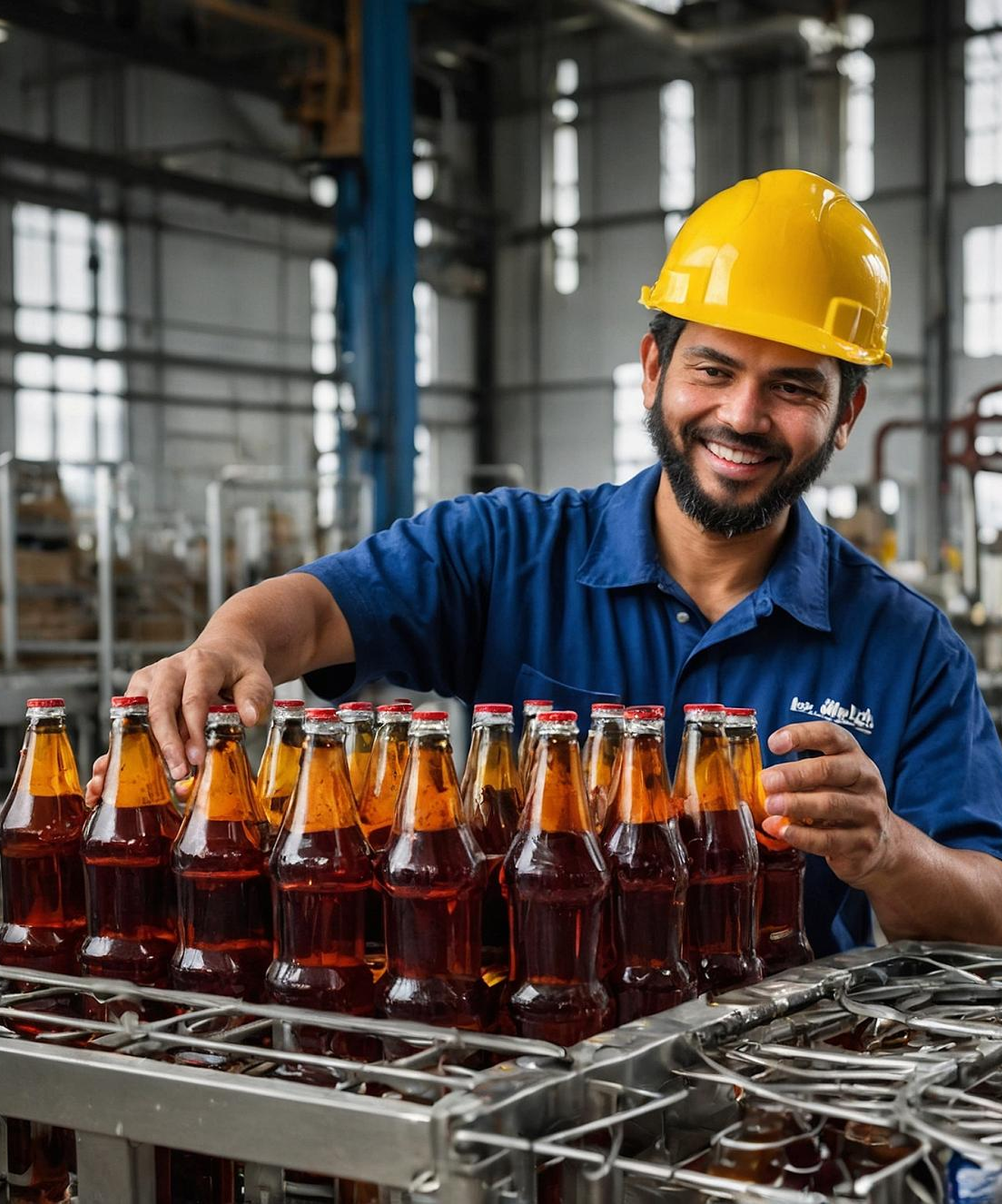 Worker inspecting bottles